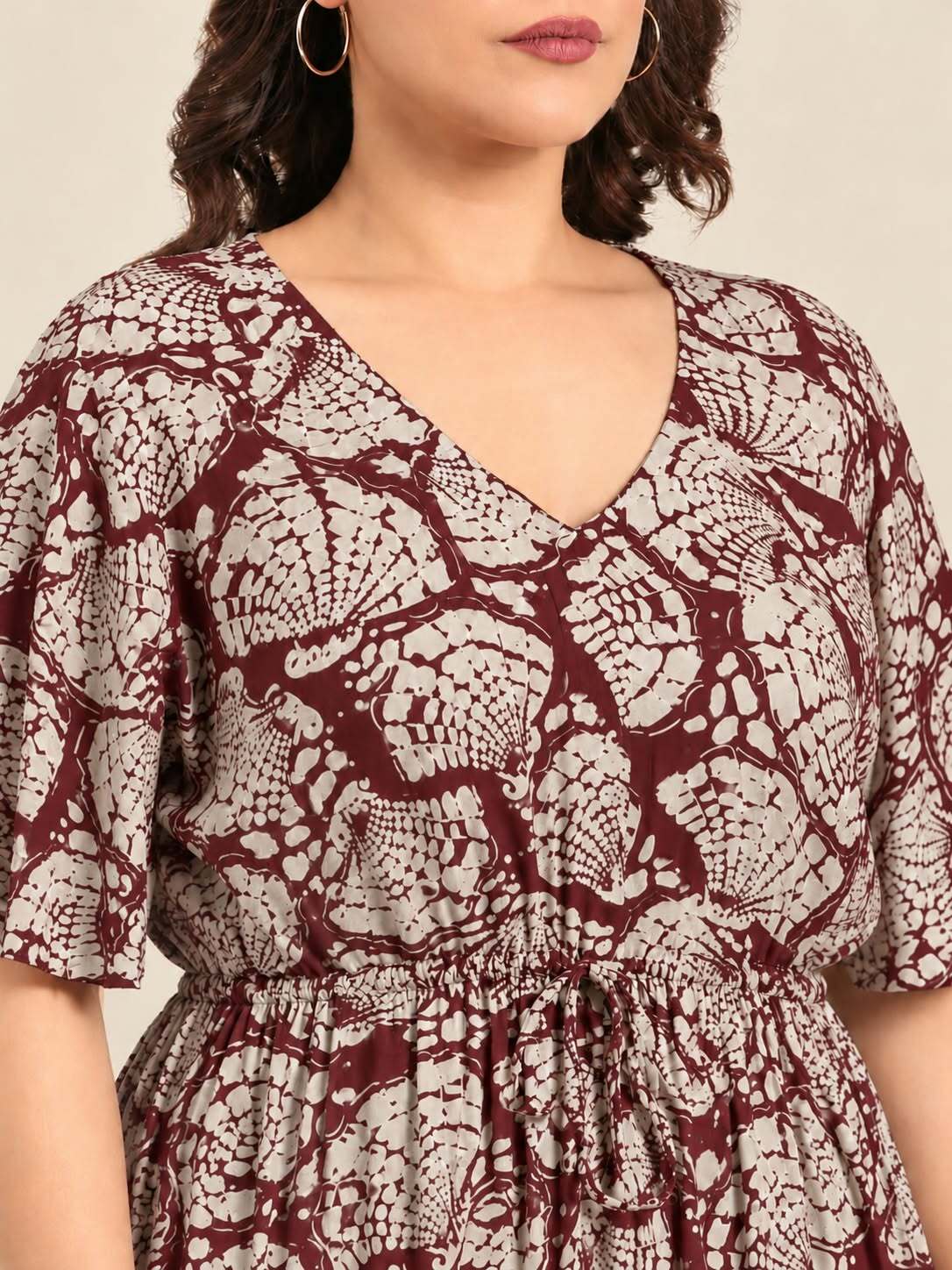 Maroon Shell Print Dress with Waist Tie