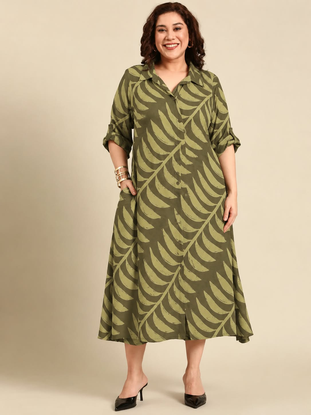 Olive Green Leaf Print Shirt Dress