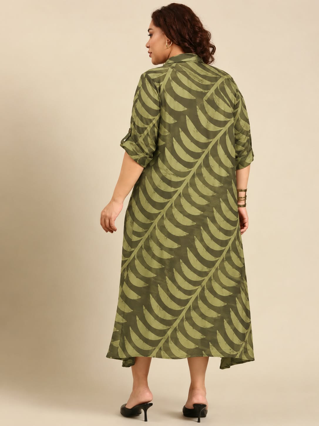 Olive Green Leaf Print Shirt Dress