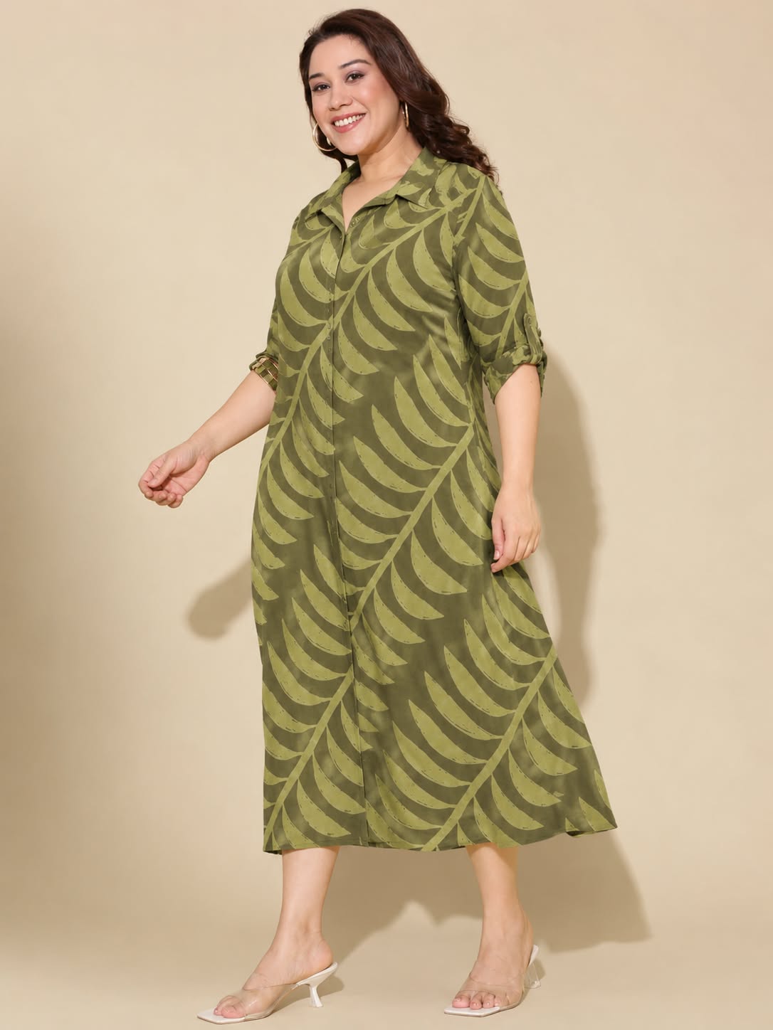 Olive Green Leaf Print Shirt Dress