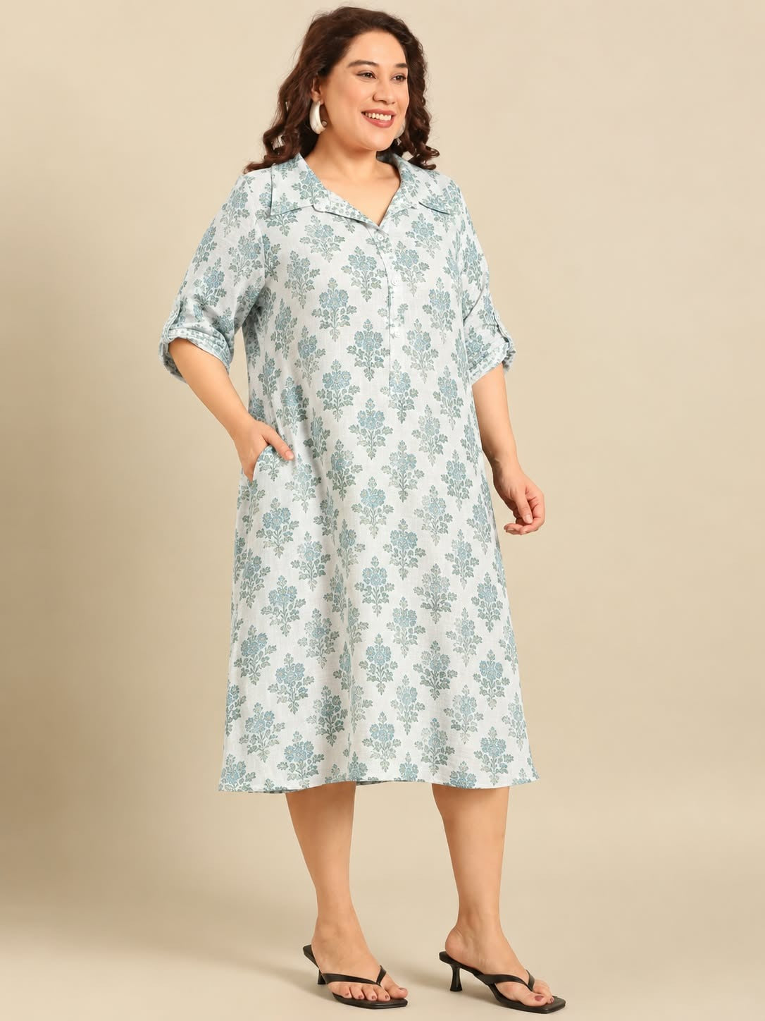 Paisley Print Collared A-Line Midi Dress