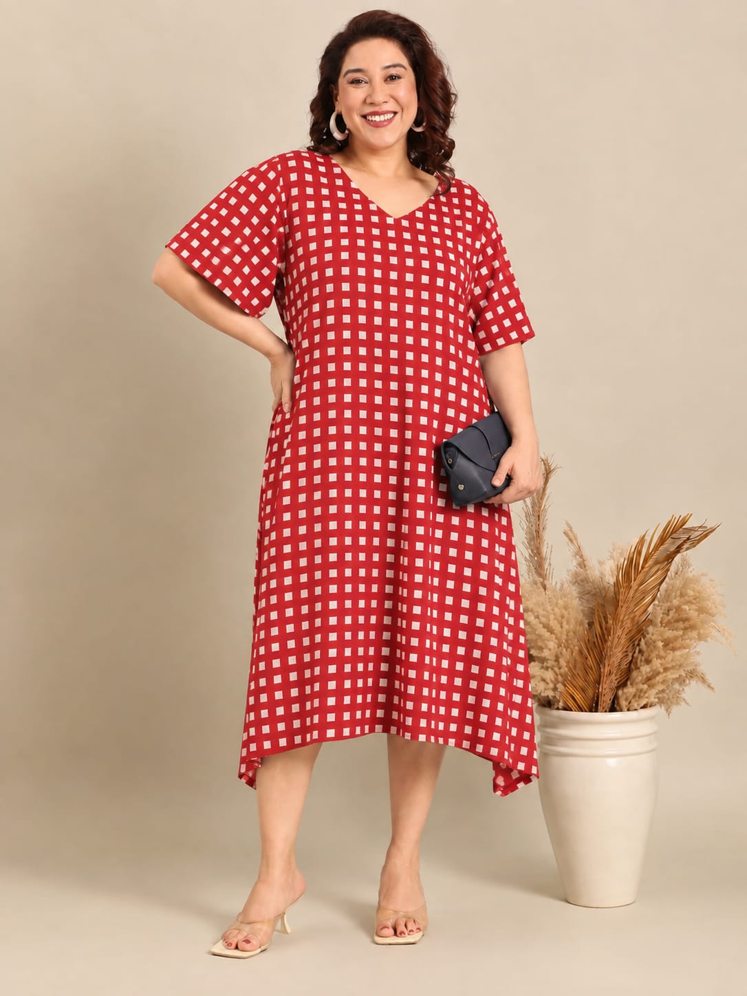 Red Cotton Checked A-Line Dress