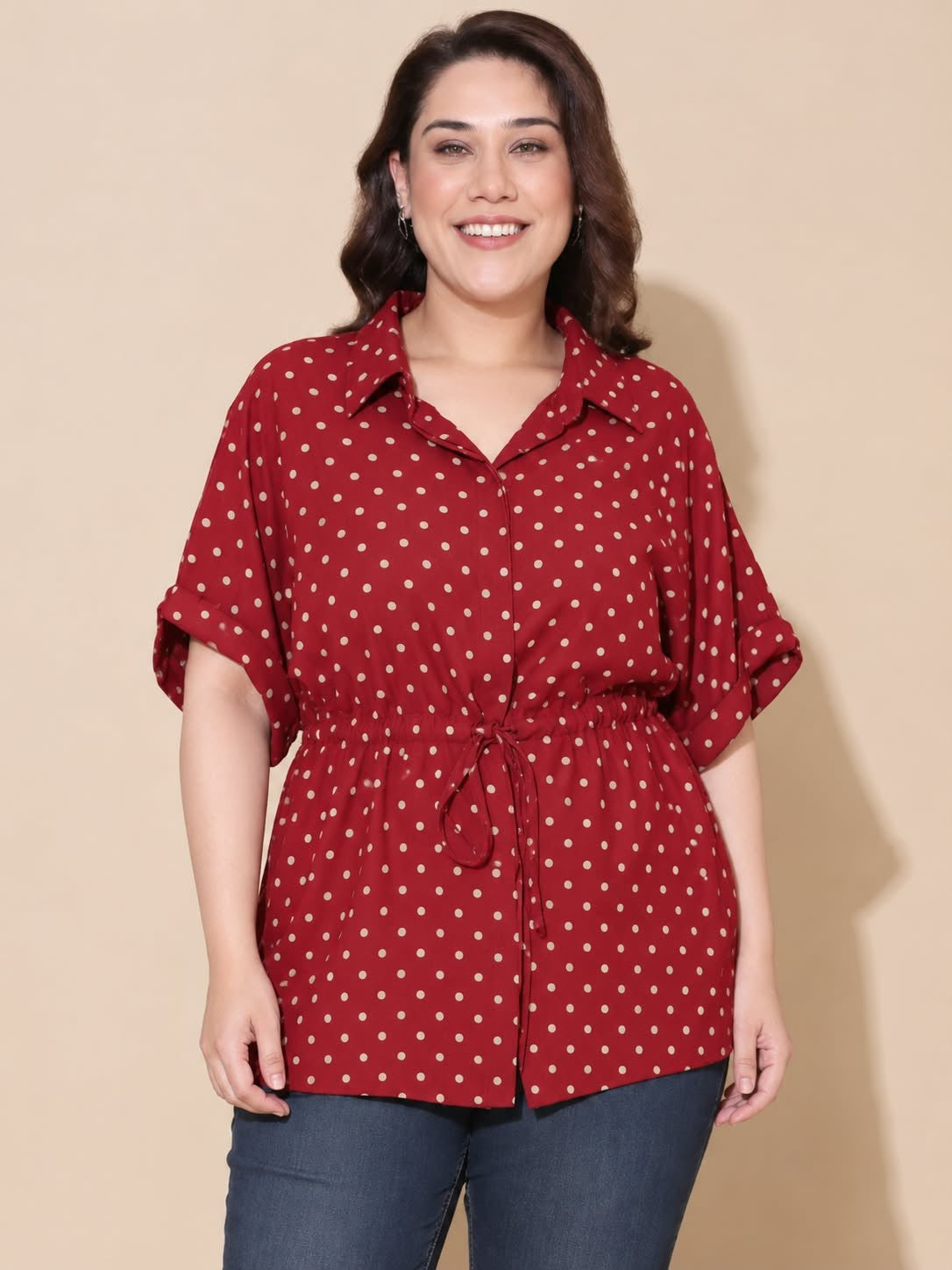 Red Polka Dot Linen Drawstring Shirt