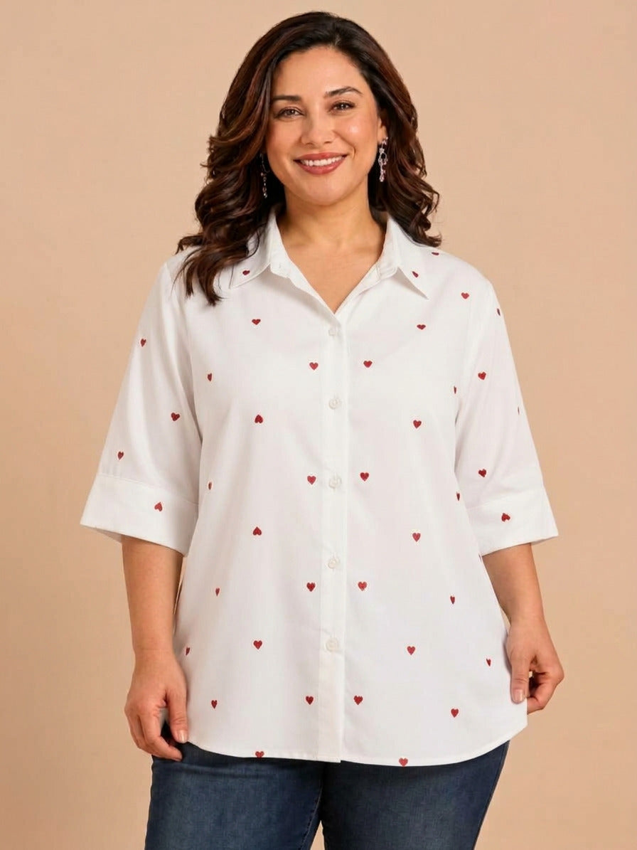 White Heart Embroidery Button-Down Shirt