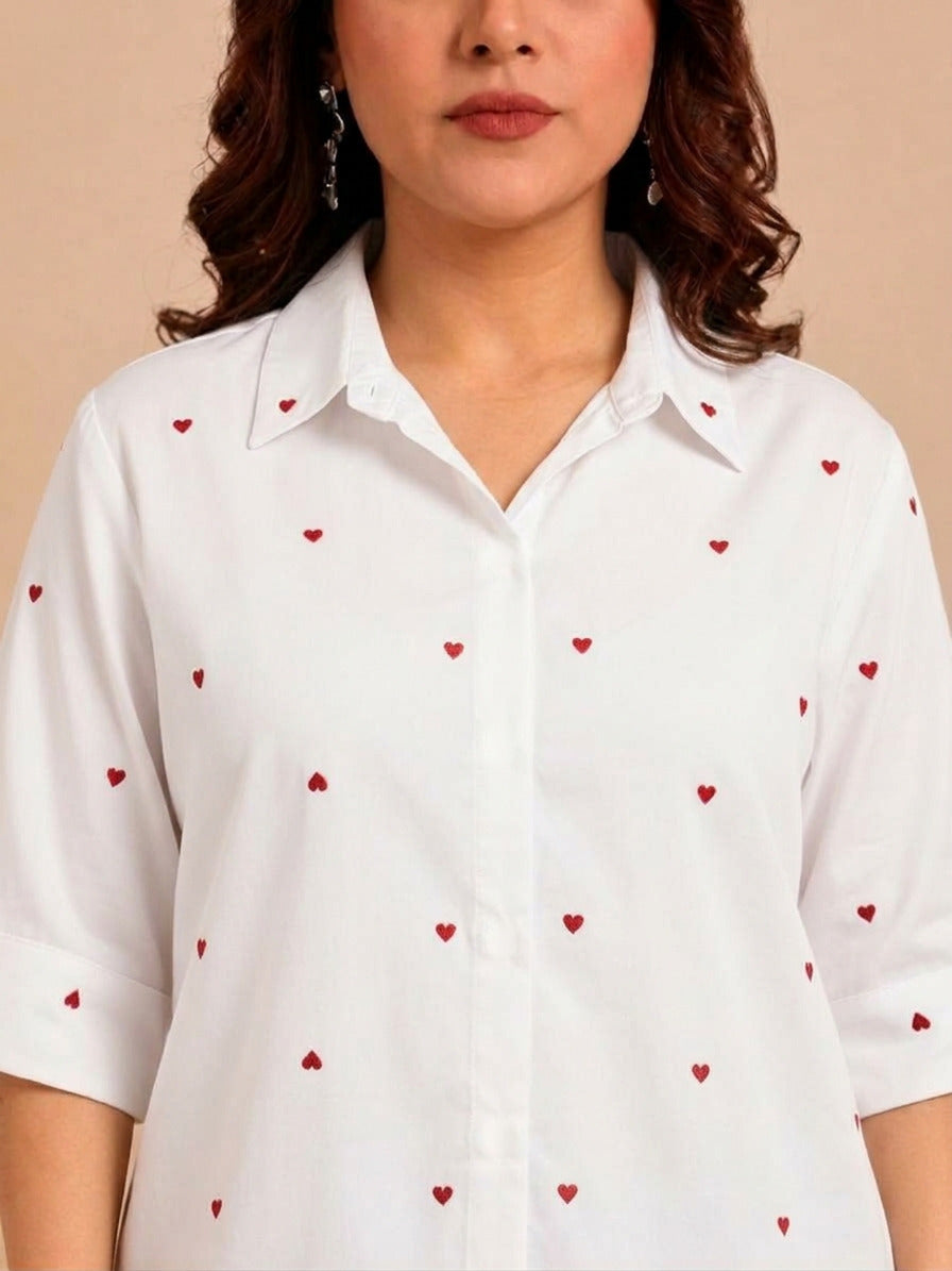 White Heart Embroidery Button-Down Shirt
