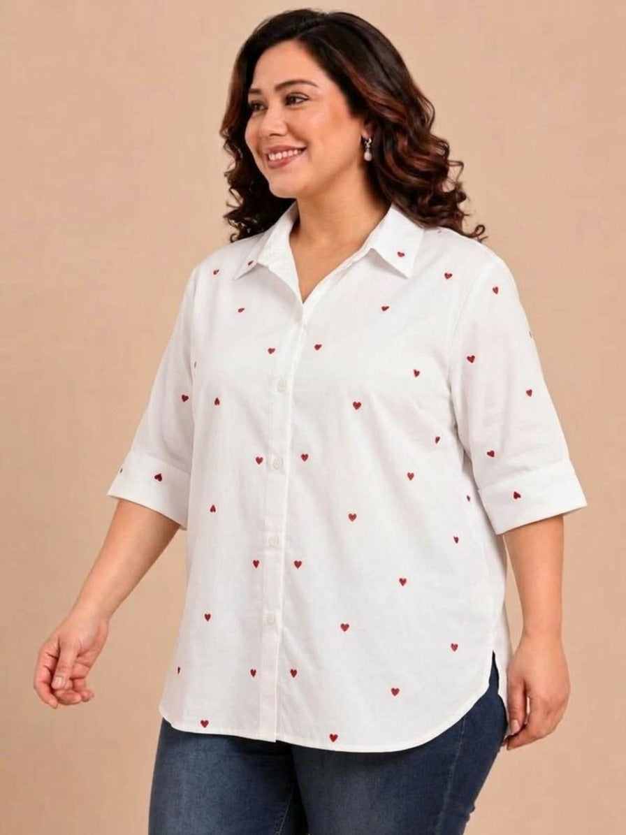 White Heart Embroidery Button-Down Shirt