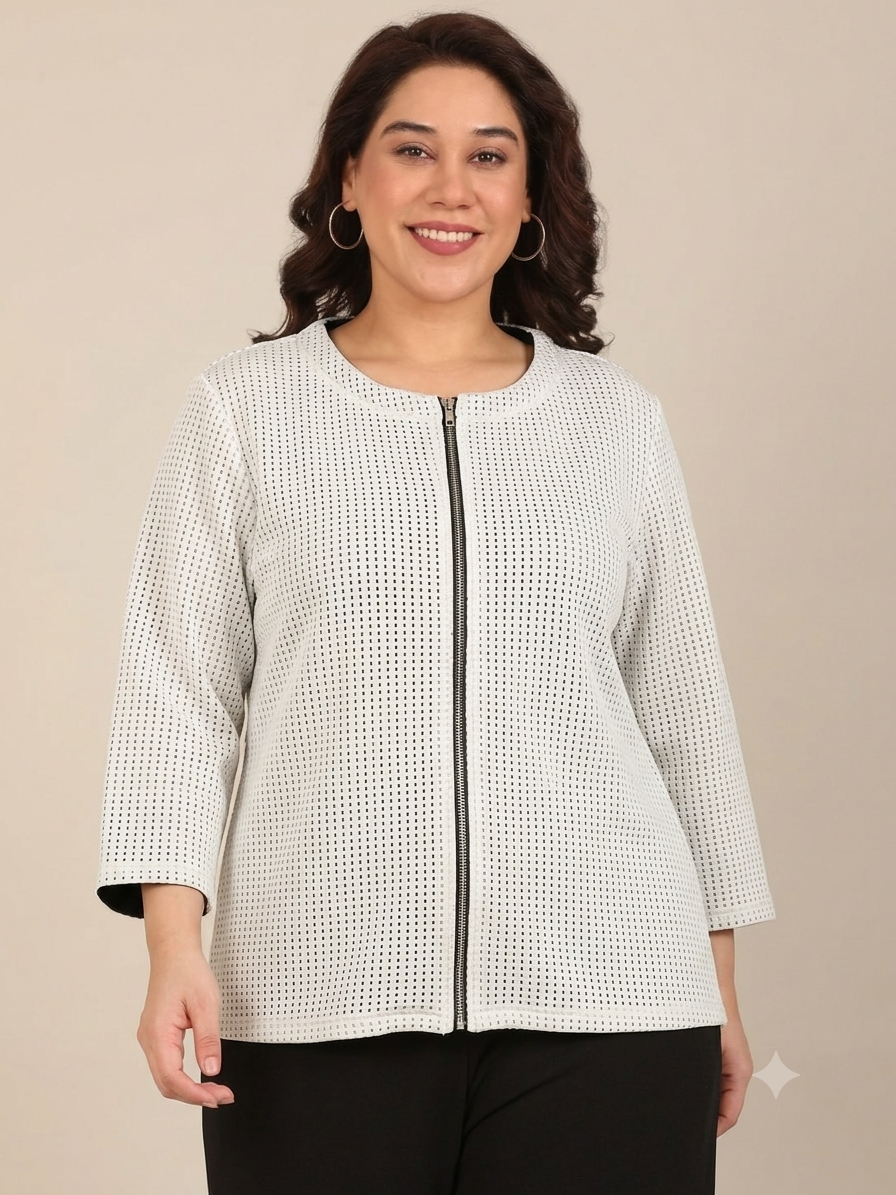 White Round Neck Zip-Front Jacket
