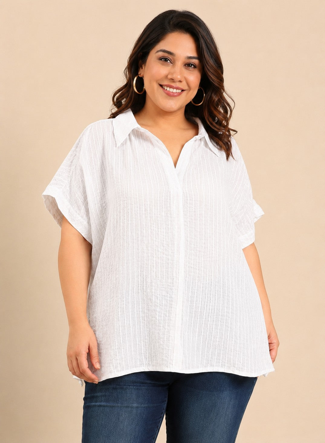 White Semi-Sheer Collar Neck Drop Shoulder Top