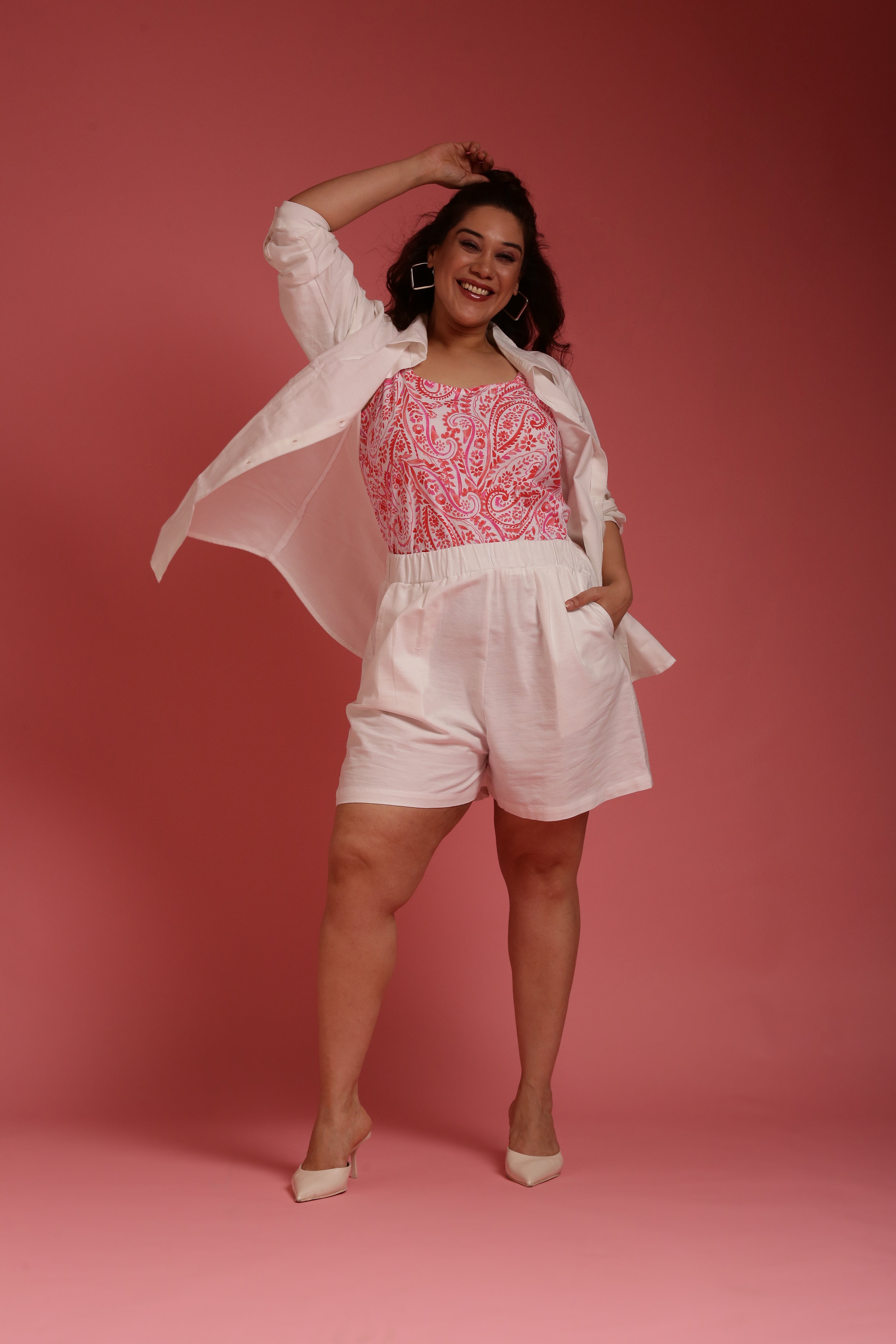 White Shirt & Shorts Co-Ord Set with Printed Crop Top (3 Piece)