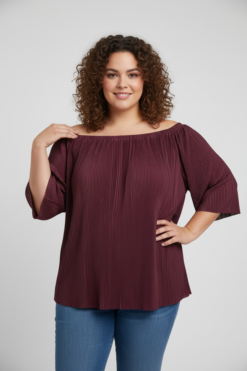 Maroon Crinkle Off-Shoulder Pleated Top