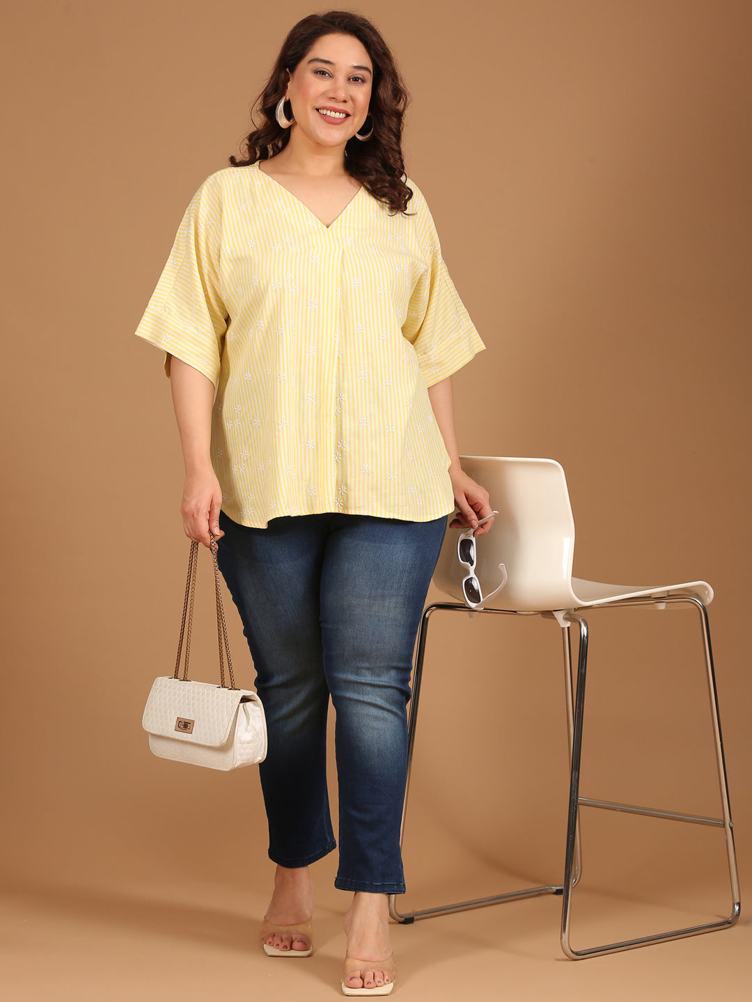 Yellow Embroidered Front Pleat Top