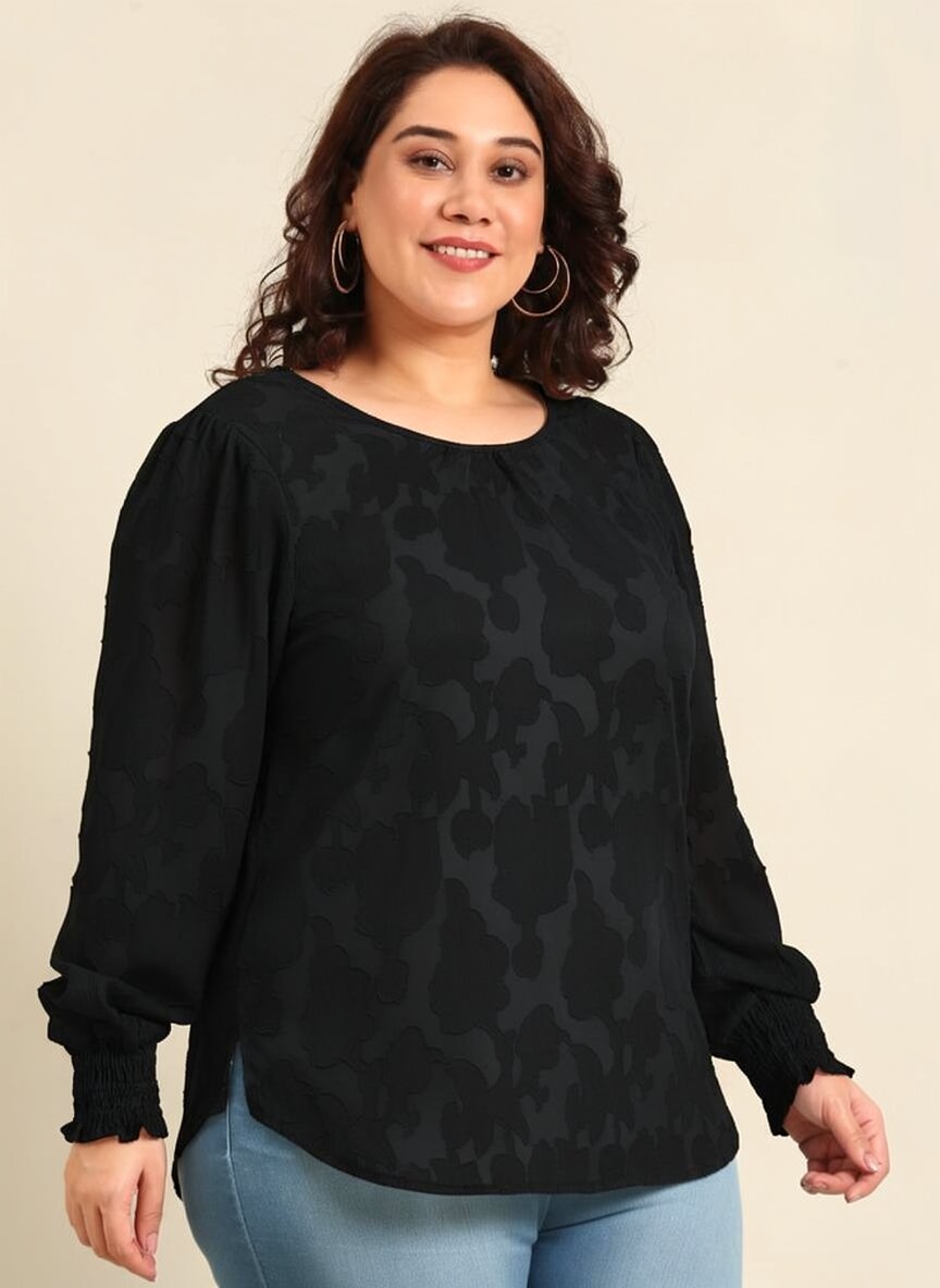 Black  Floral Jacquard Cuff Top