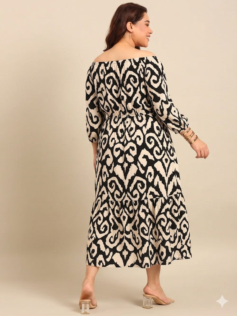 Black & White Crepe Off Shoulder Dress