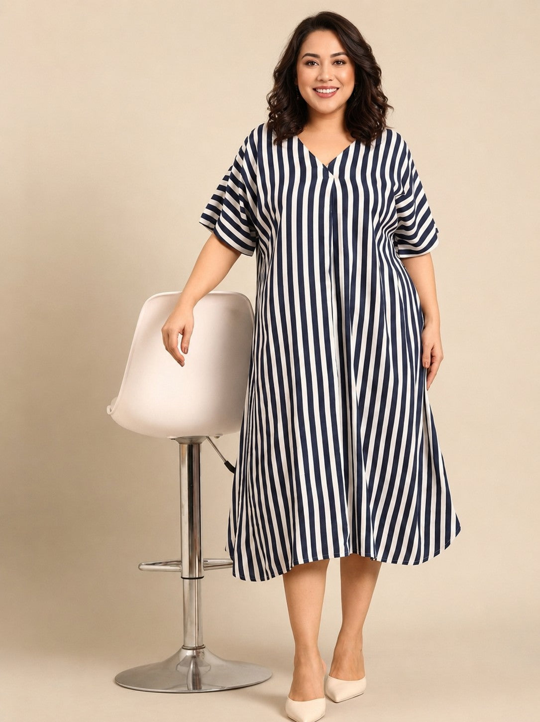 Navy White Striped A-Line Dress