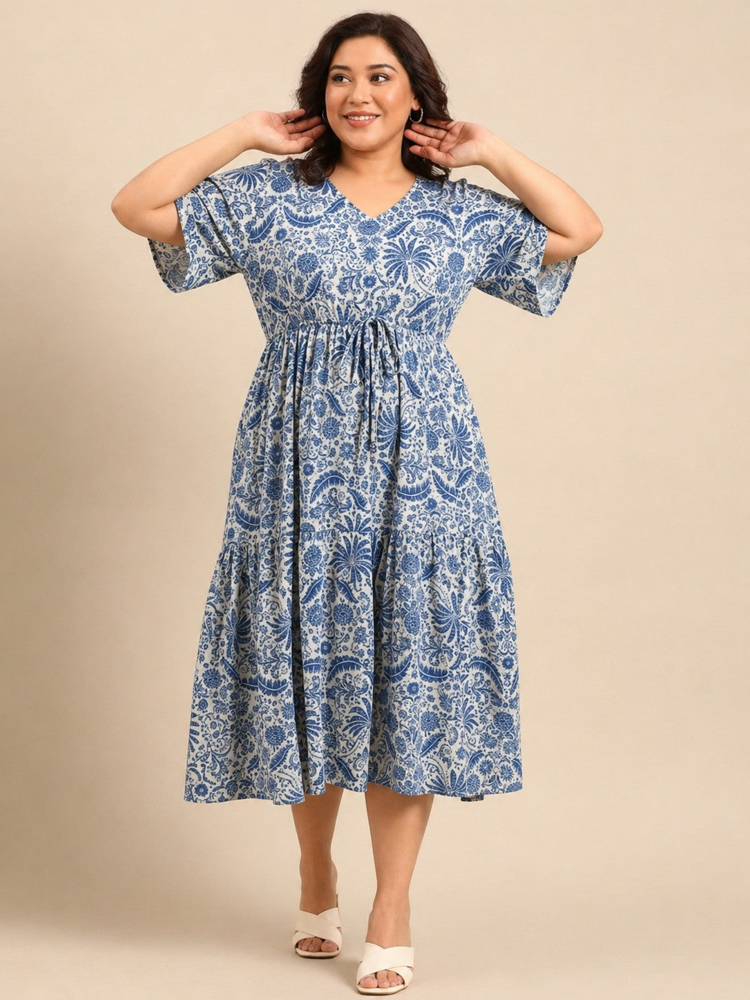 Tropical Print Maxi Dress With Waist Tie