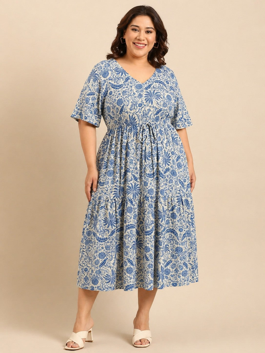 Tropical Print Maxi Dress With Waist Tie
