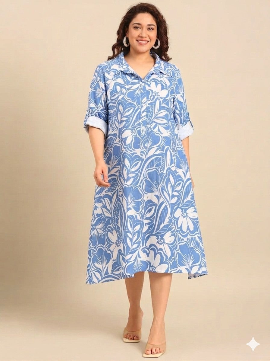 Cotton Floral Print A-Line Dress