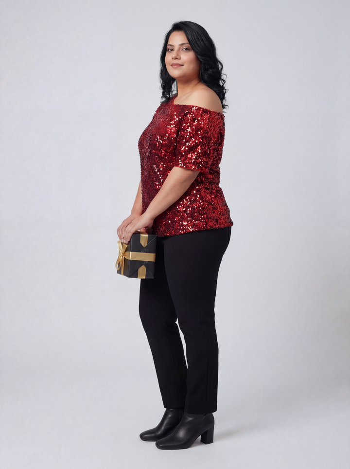 Red Sequin Off-Shoulder Top