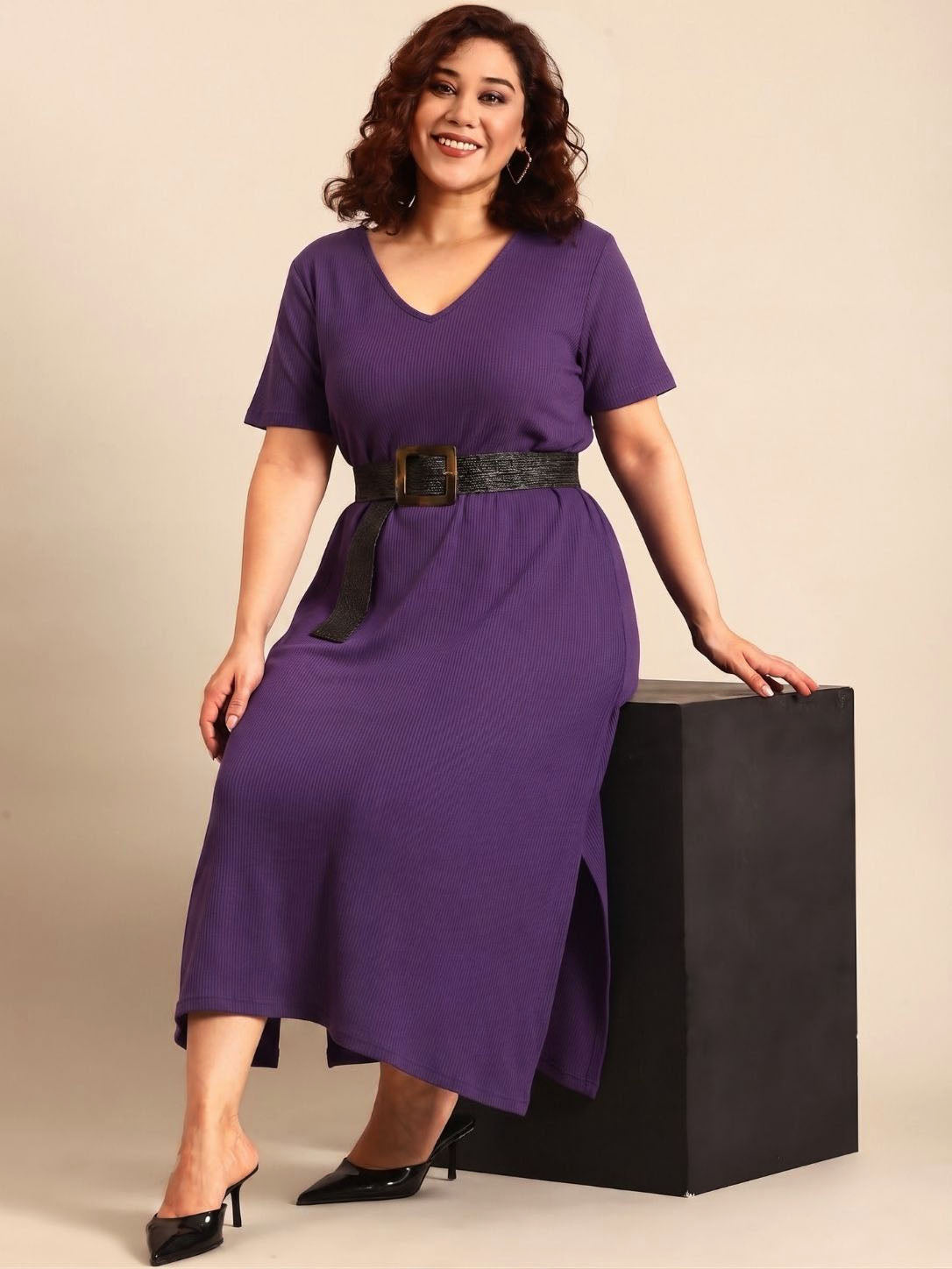 Purple Rib Cotton A-Line Dress