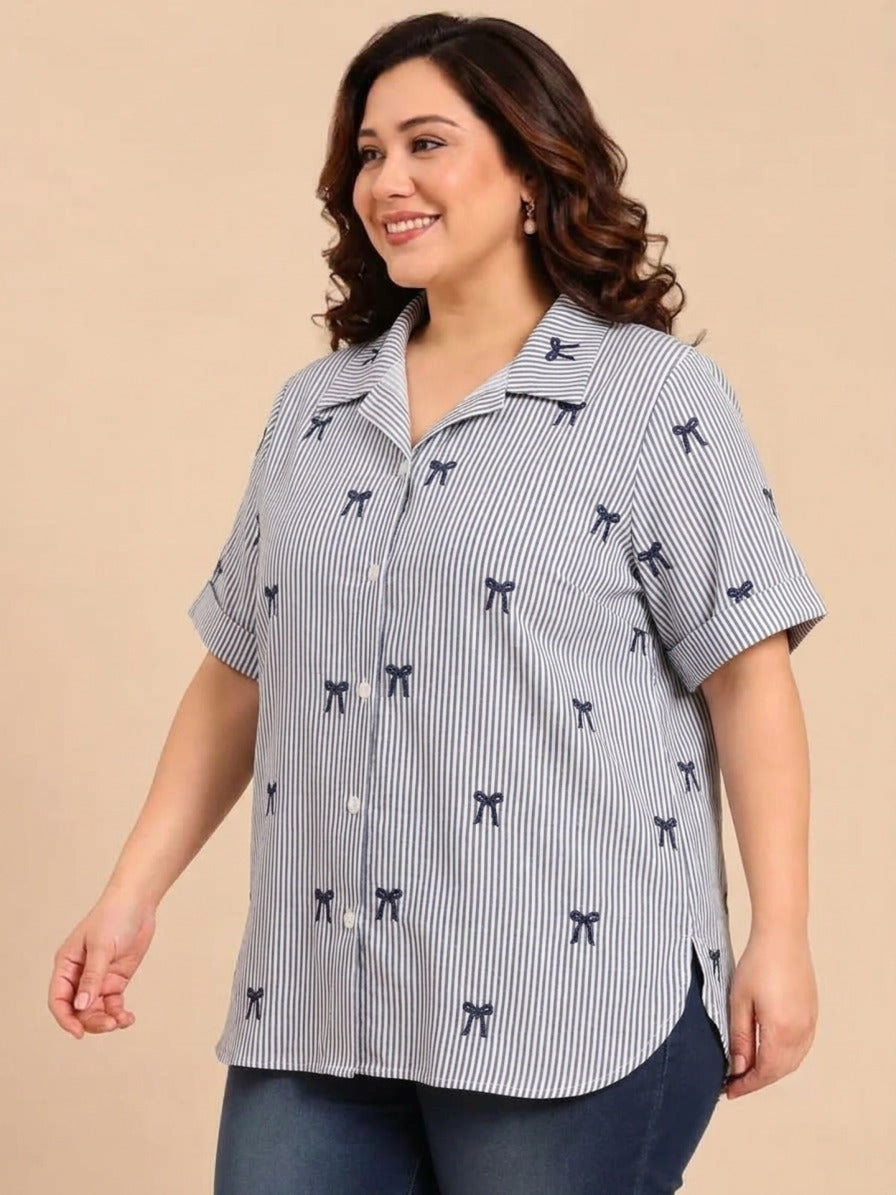 Cotton Striped Shirt with Bow Embroidery