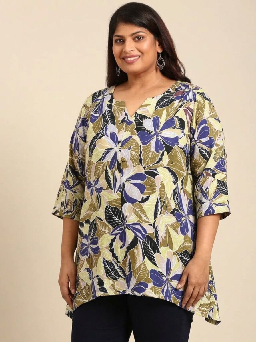 Blue and Olive Floral Fishcut Tunic