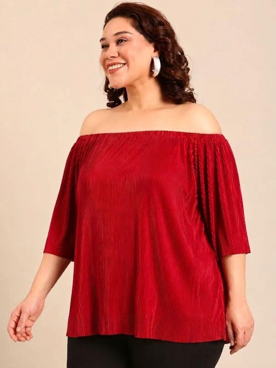 Red Pleated Off-Shoulder Top