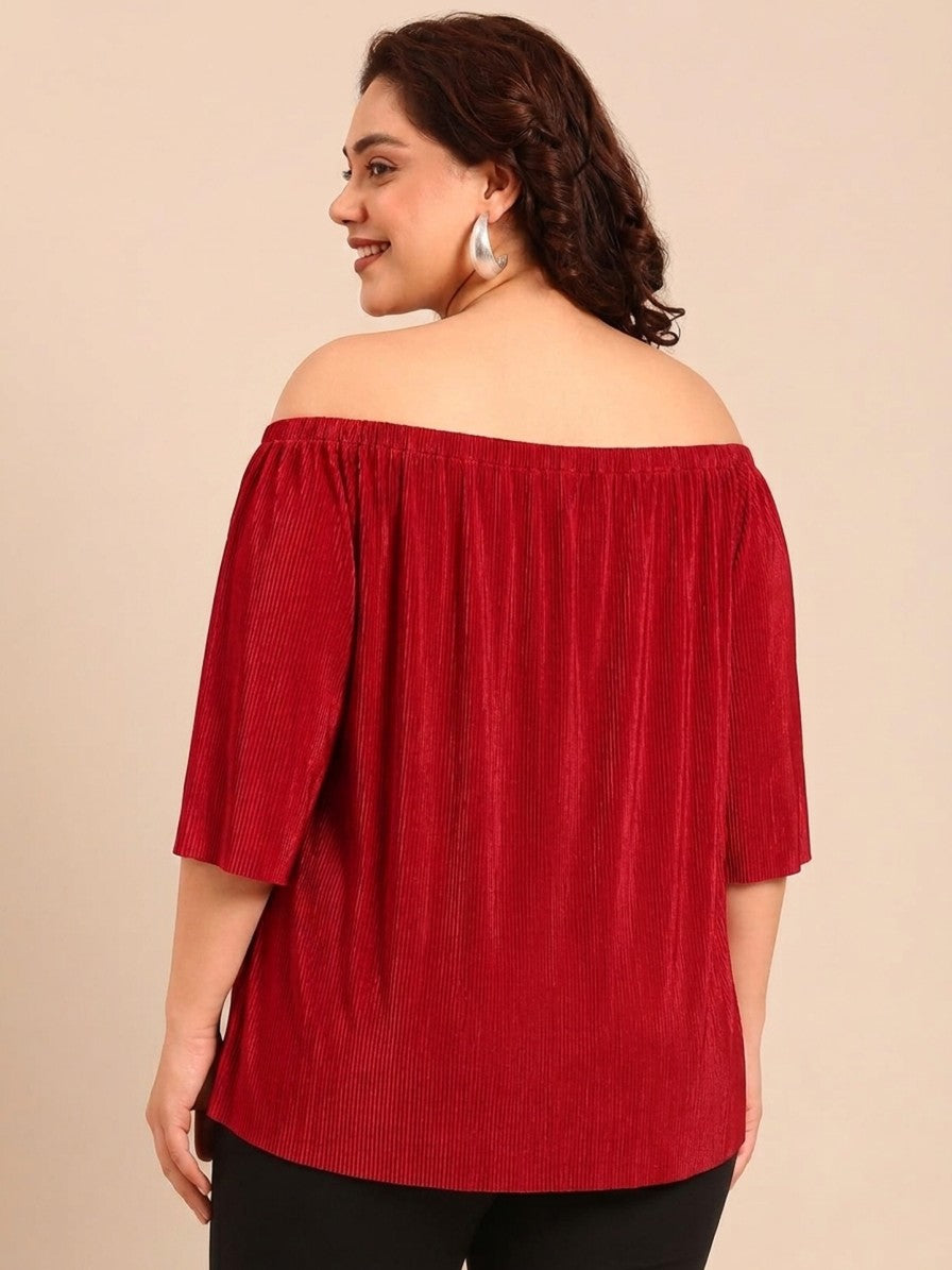 Red Pleated Off-Shoulder Top