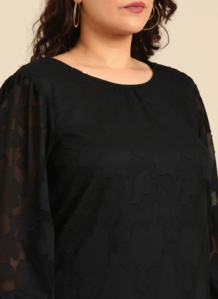 Black  Floral Jacquard Cuff Top