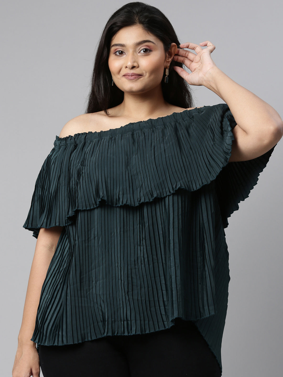 GREEN PLEATED OFF-SHOULDER TOP