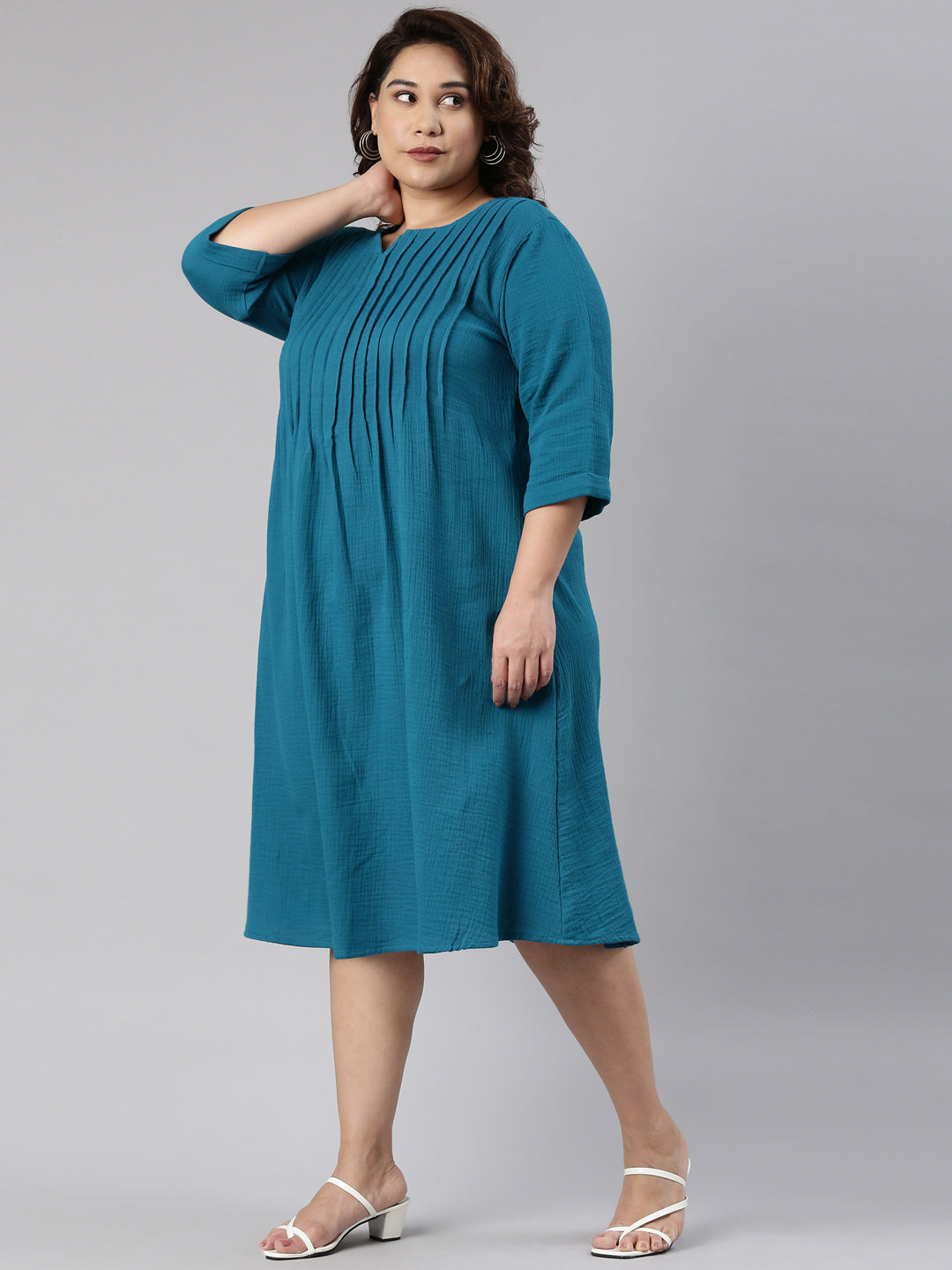 Teal V-Neck Pintuck Dress