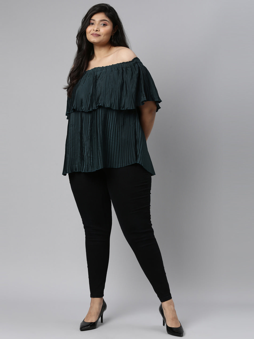 GREEN PLEATED OFF-SHOULDER TOP