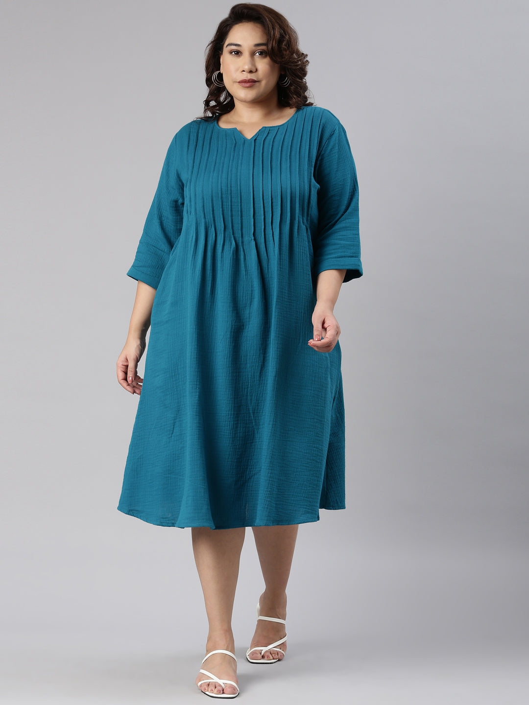 Teal V-Neck Pintuck Dress