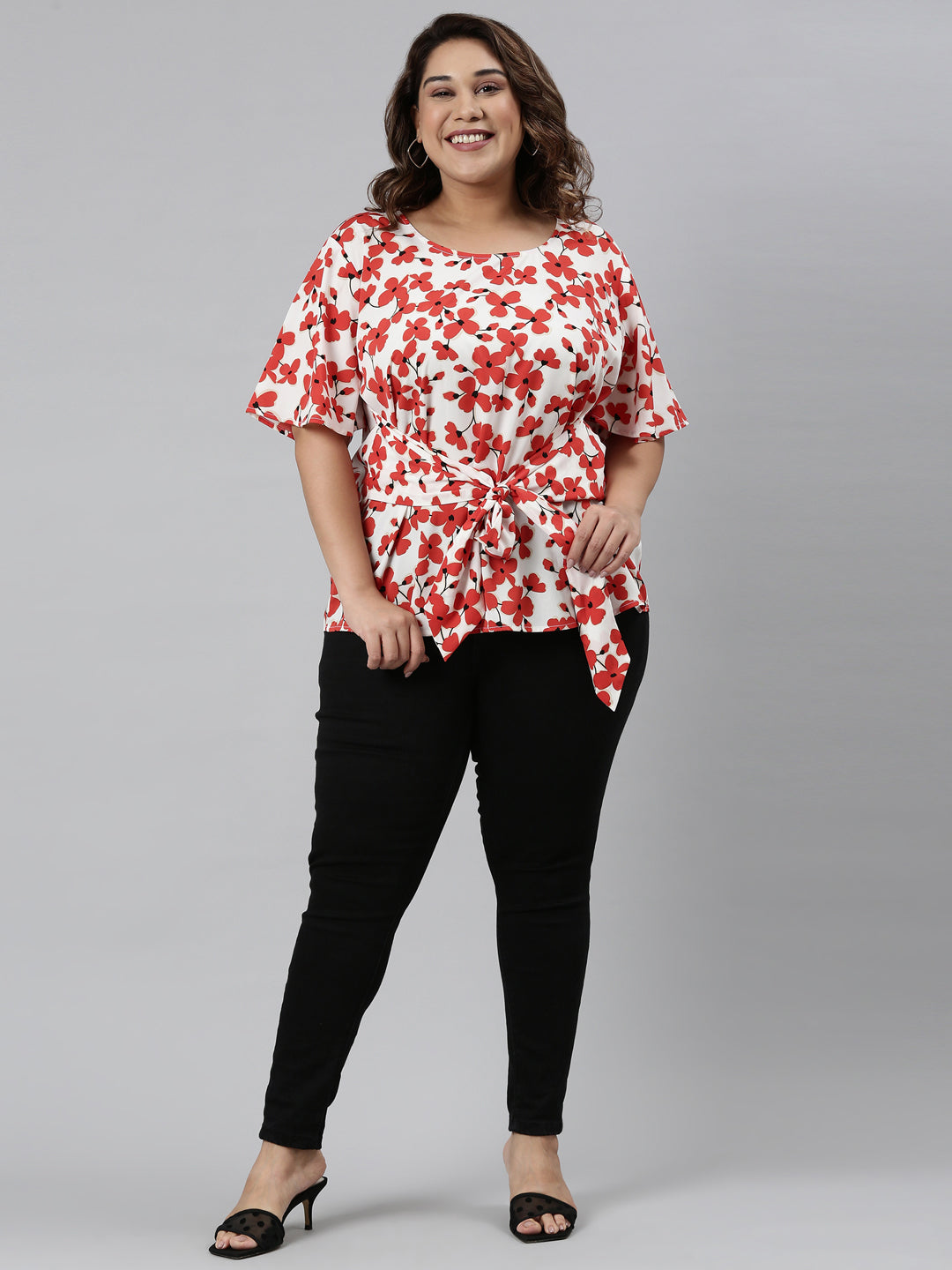 RED FLORAL PRINTED KNOT TOP