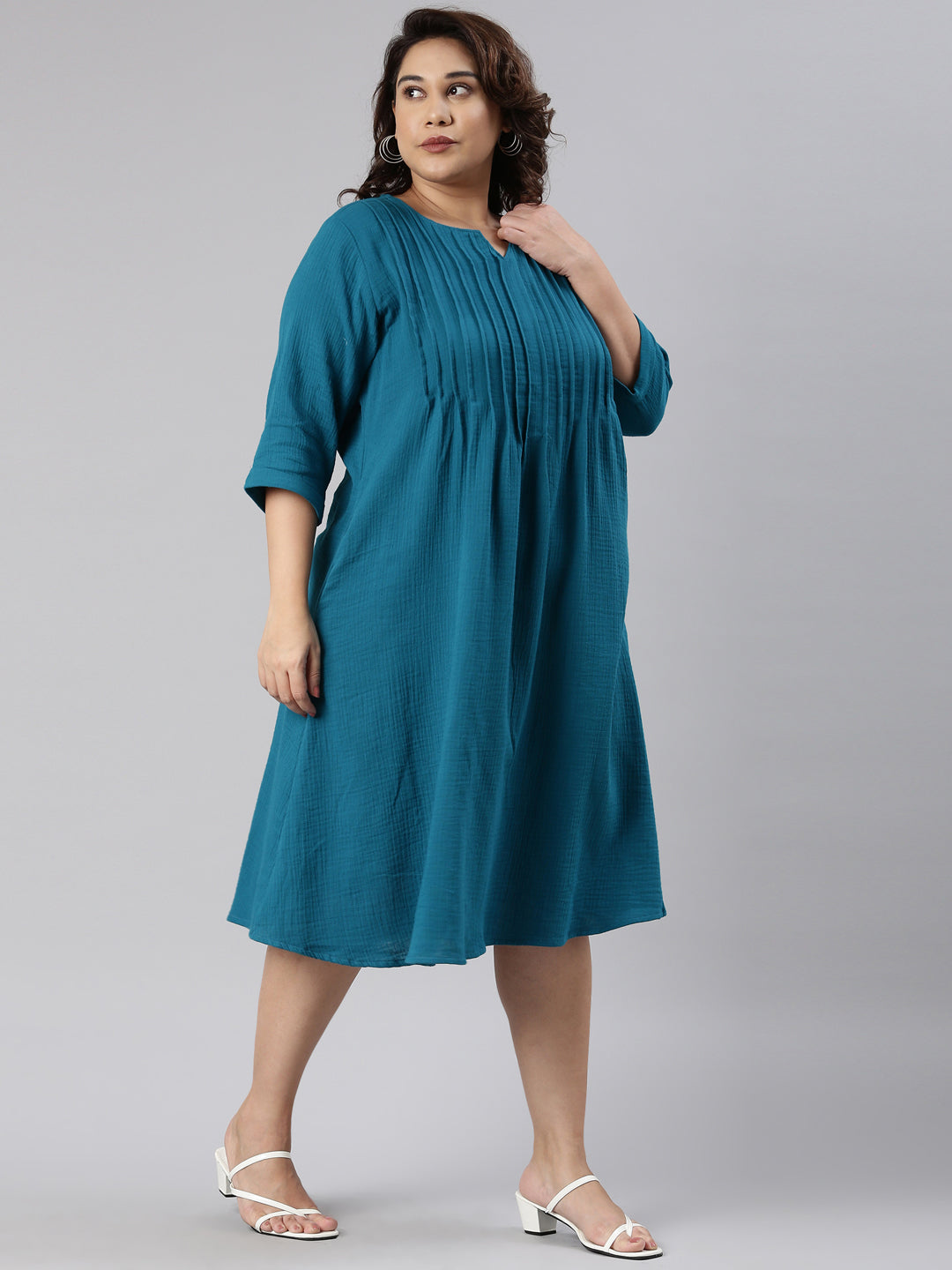 Teal V-Neck Pintuck Dress