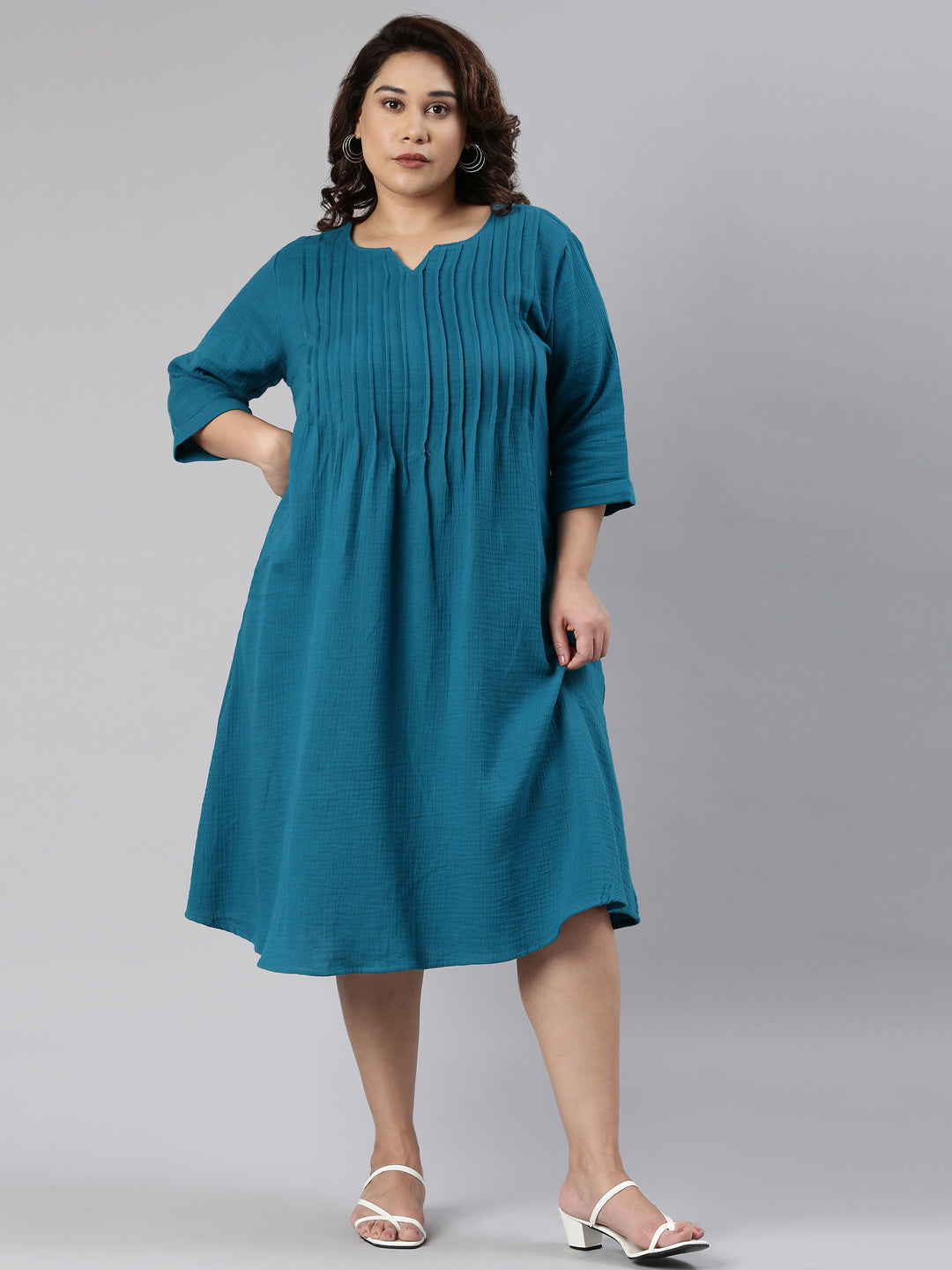 Teal V-Neck Pintuck Dress